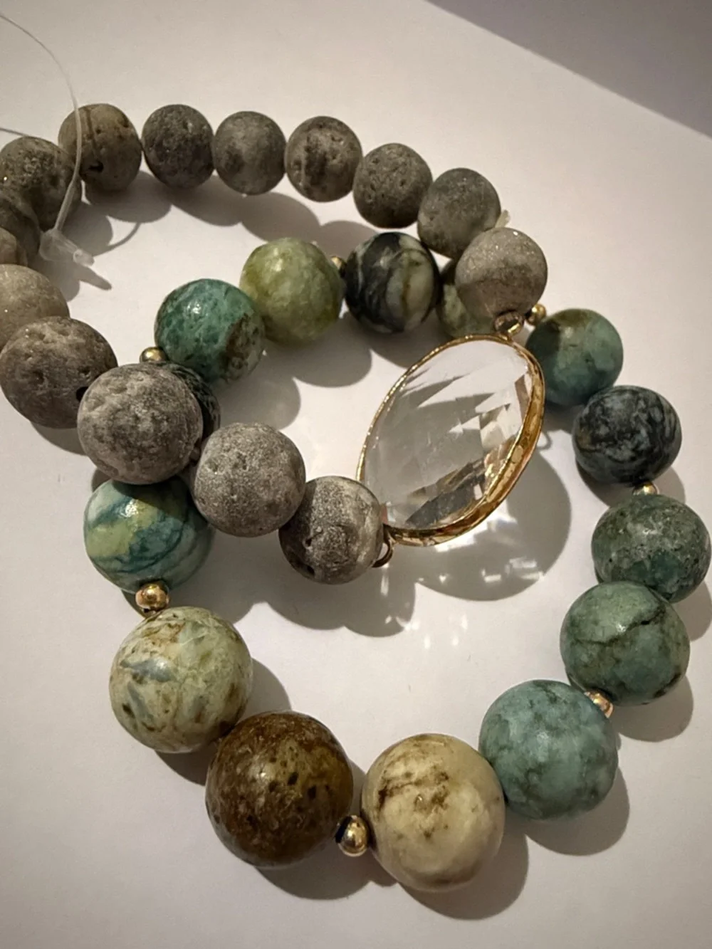 Stone Beaded Stretch Bracelet set of 2 with Gold Accents